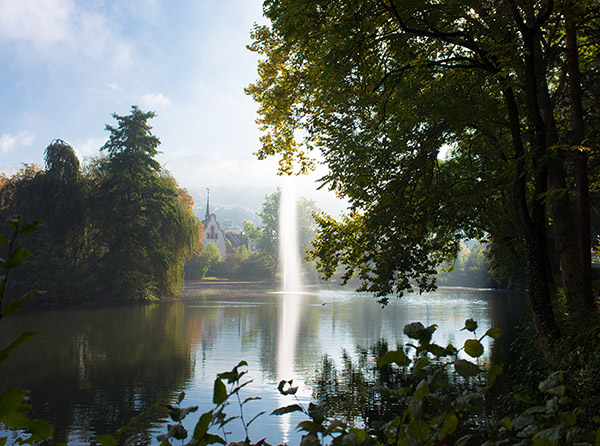 Staufener Stadtsee mit Vogelinsel und Wasserfontäne